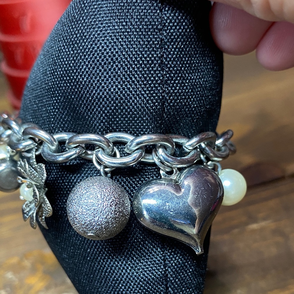 Silver Charm Bracelet with Heart, Key, Flower and More Beads - Picture 9 of 13